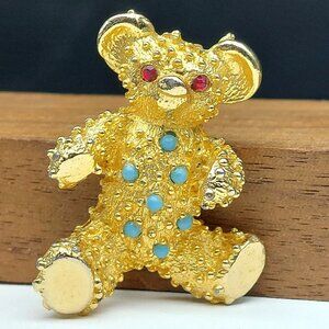 Vintage Gold-Tone Teddy Bear Brooch With Red Rhinestones Pinback Jewelry